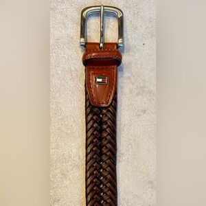 Tommy Hilfiger Woven Leather Belt - Silver / Rich Brown Vintage Retro Size 38